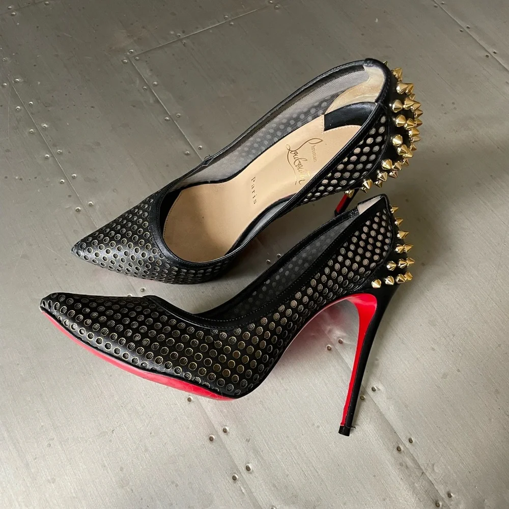 christian louboutin guni black leather gold spike stiletto sz 38.5 preowned